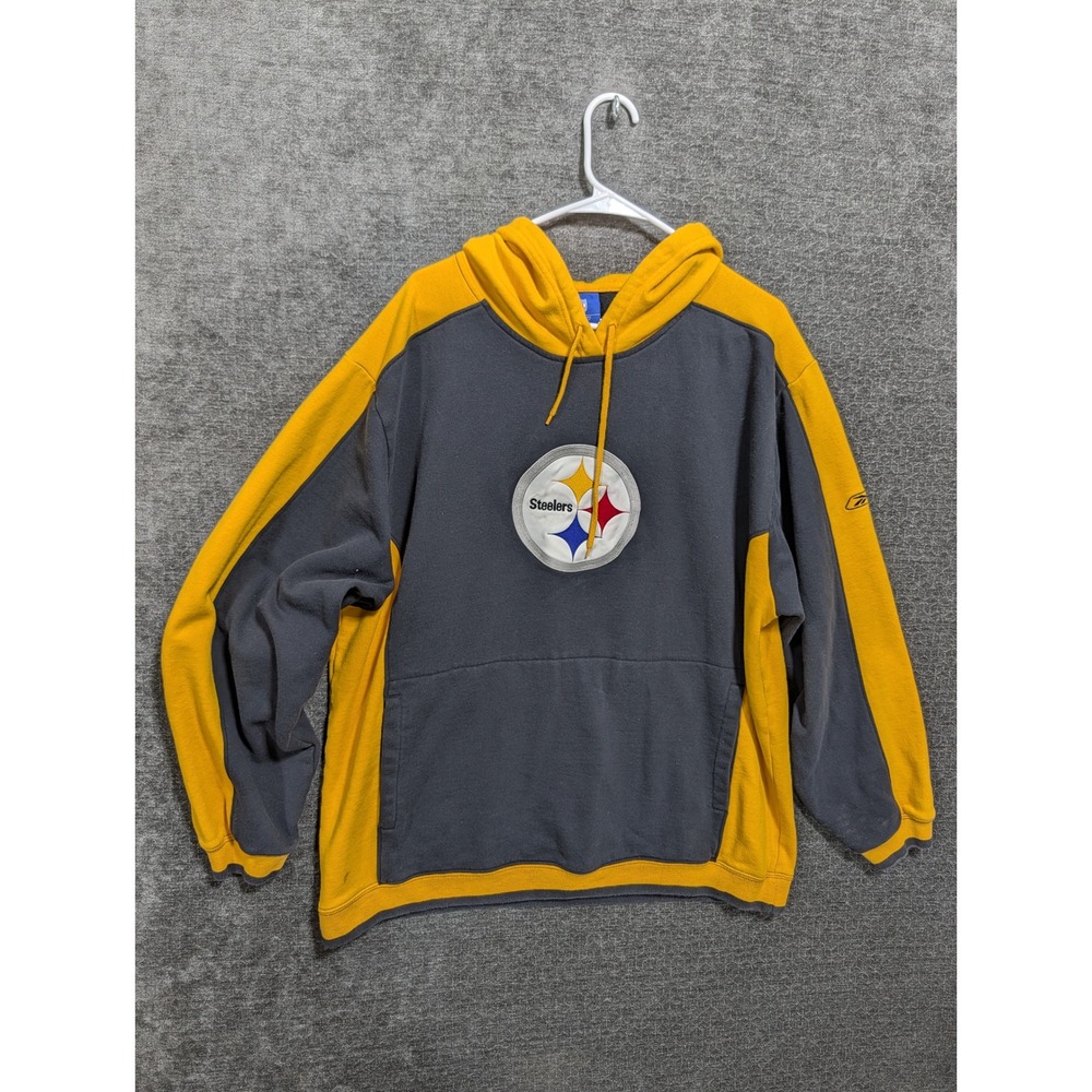 Reebok NFL Pittsburgh Steelers Hoodie Grey Yellow Colorblock Mens XL 1986